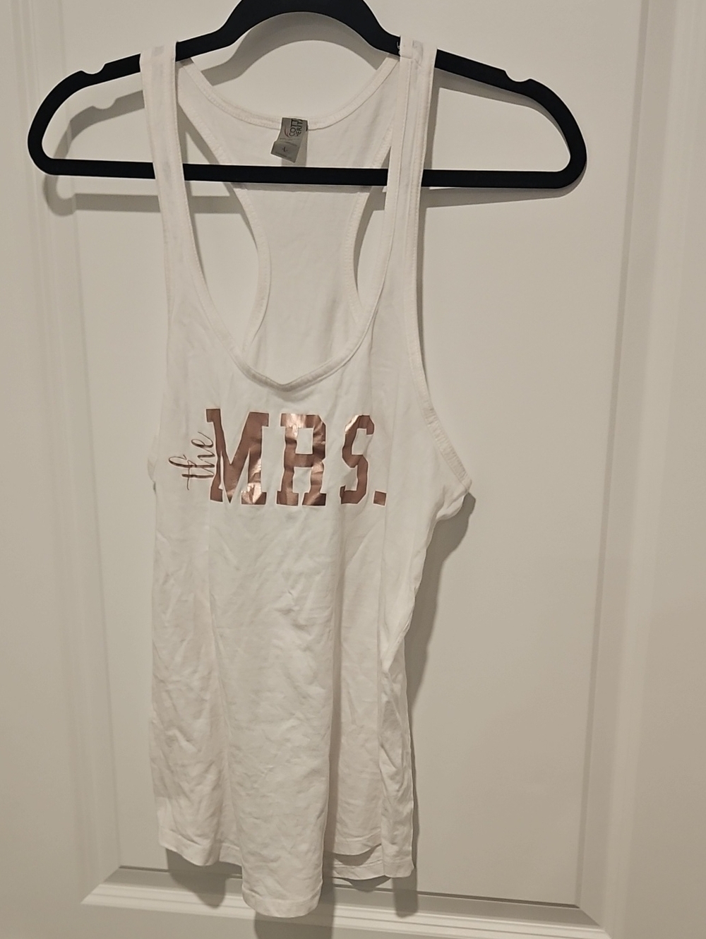 White 'The Mrs.' Racerback Tank Top with Rose Gold Print